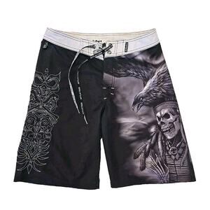 Affliction Mens Swim Shorts Size 30 Y2K Skull Grudge Black Tribal Embroidered